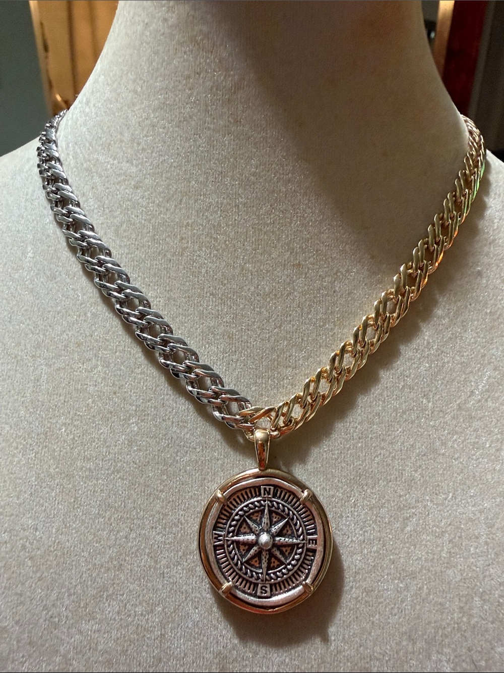 Two-Tone Compass Pendant Necklace - Gold & Silver Gold plated-